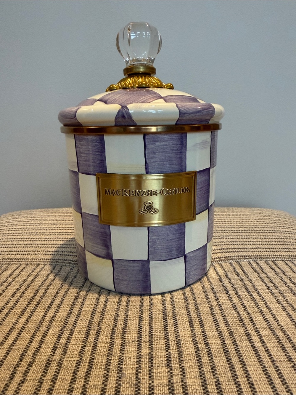 MacKenzie-Childs Violet Check Small Enamel Canister